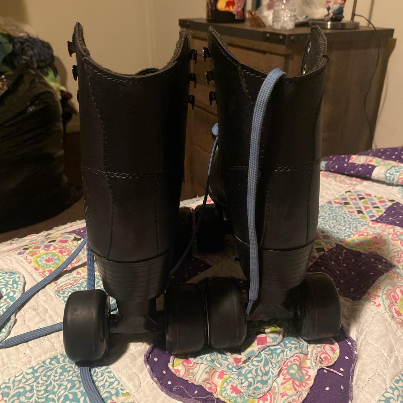used once blue laced black roller skates size 5... Depop