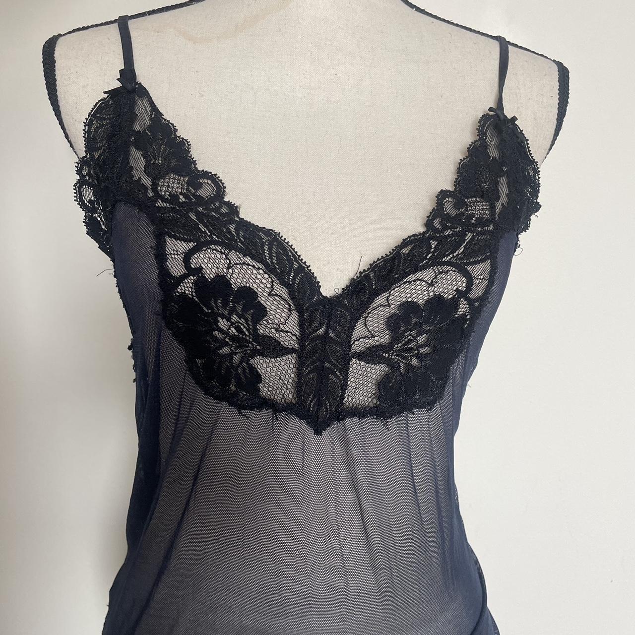 Vintage la perla black lace lined and navy mesh slip... - Depop