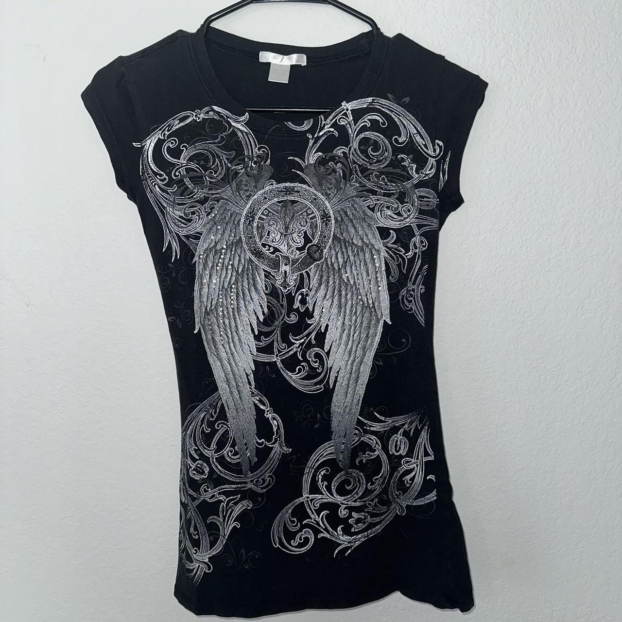 Y2k angel wings baby tee shirt - black and silver..., image size:1280x1280