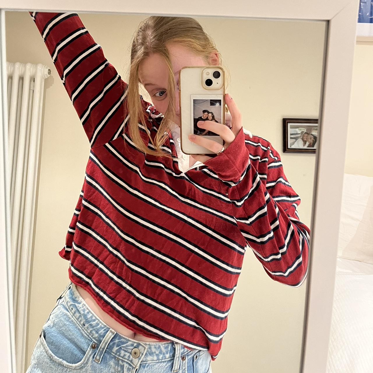 Brandy melville red and white long sleeved rugby... - Depop