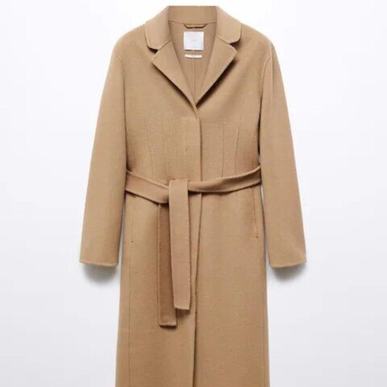 Mango Wool coat with handmade belt Medium Brown... - Depop