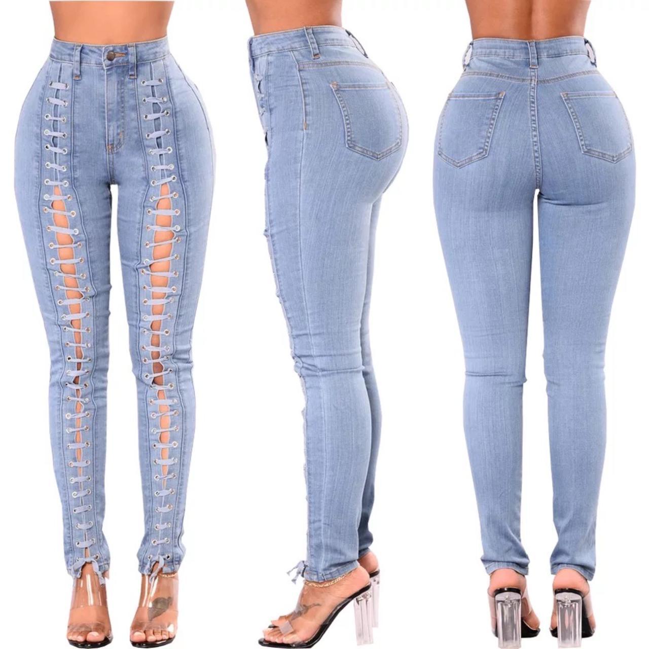 light blue denim pencil lace up front denim jeans. ... - Depop