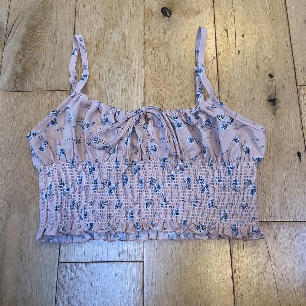 Shein baby pink crop top, with blue flowers all... Depop
