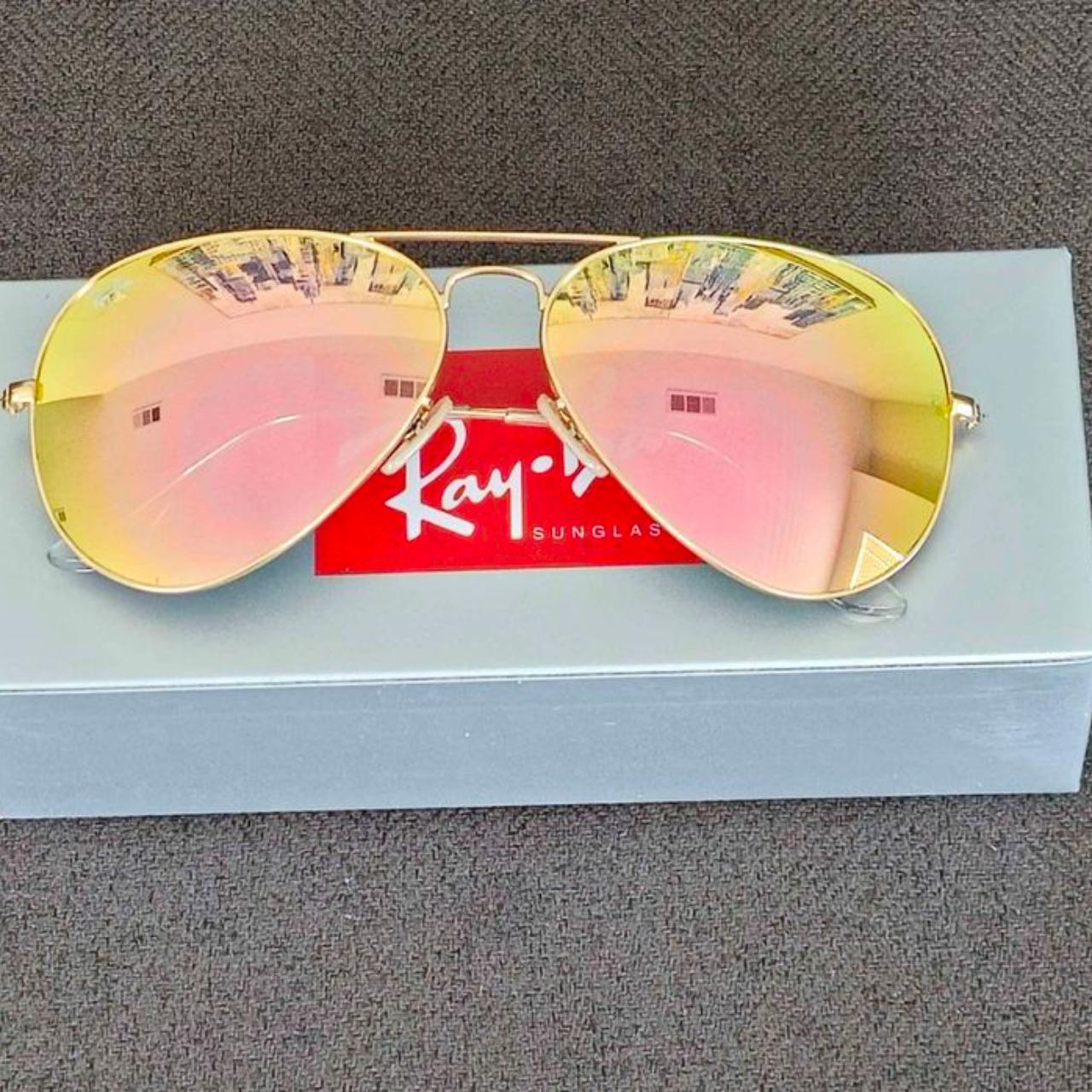 Ray Ban 62mm Gold/ Pink Mirrored Lenses Aviator... - Depop