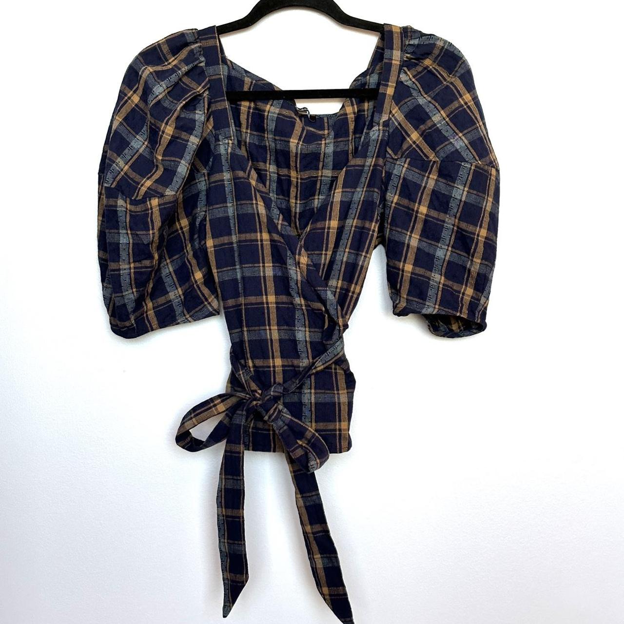 Madewell Sweetheart Wrap Top in Plaid Blue Yellow... - Depop