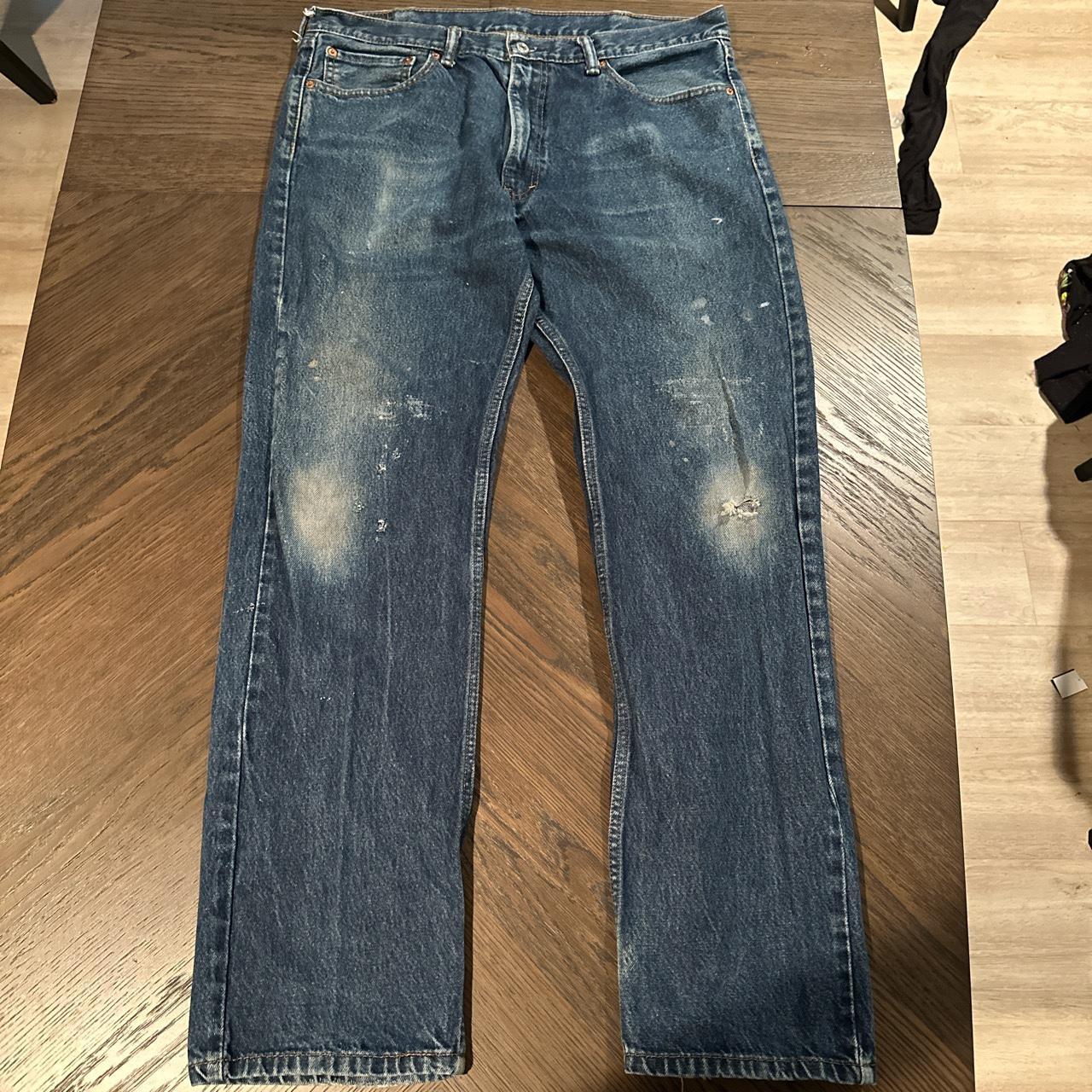 distressed dark blue levi's 36/34 jeans - Depop