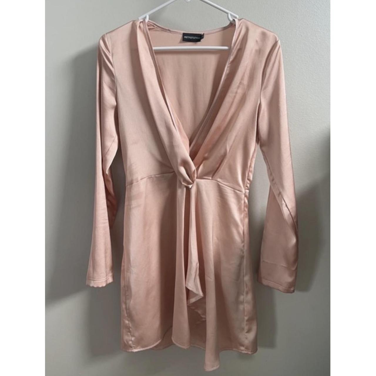 Nude satin long sleeve best sale wrap dress