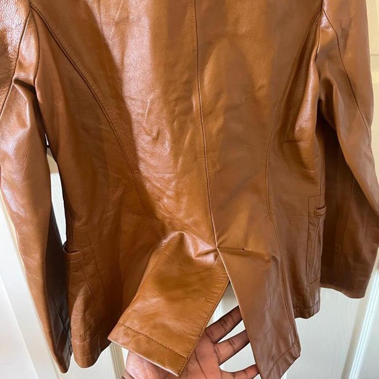 Vintage and trendy caramel brown leather jacket with... Depop