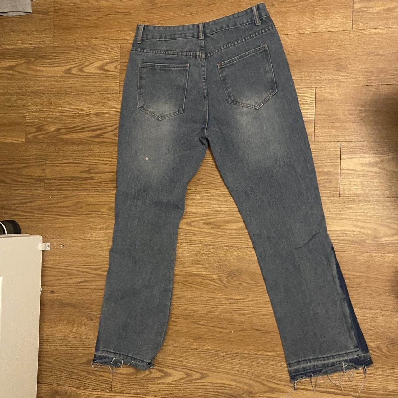 blue denim flared pants with distressed bottom - Depop