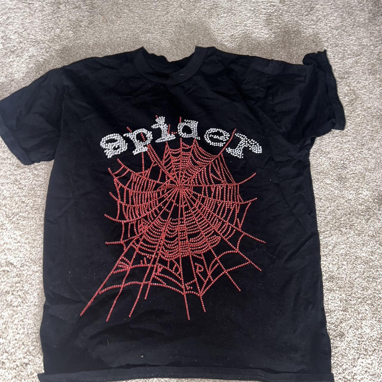 Red rhinestone sp5der t shirt - Depop