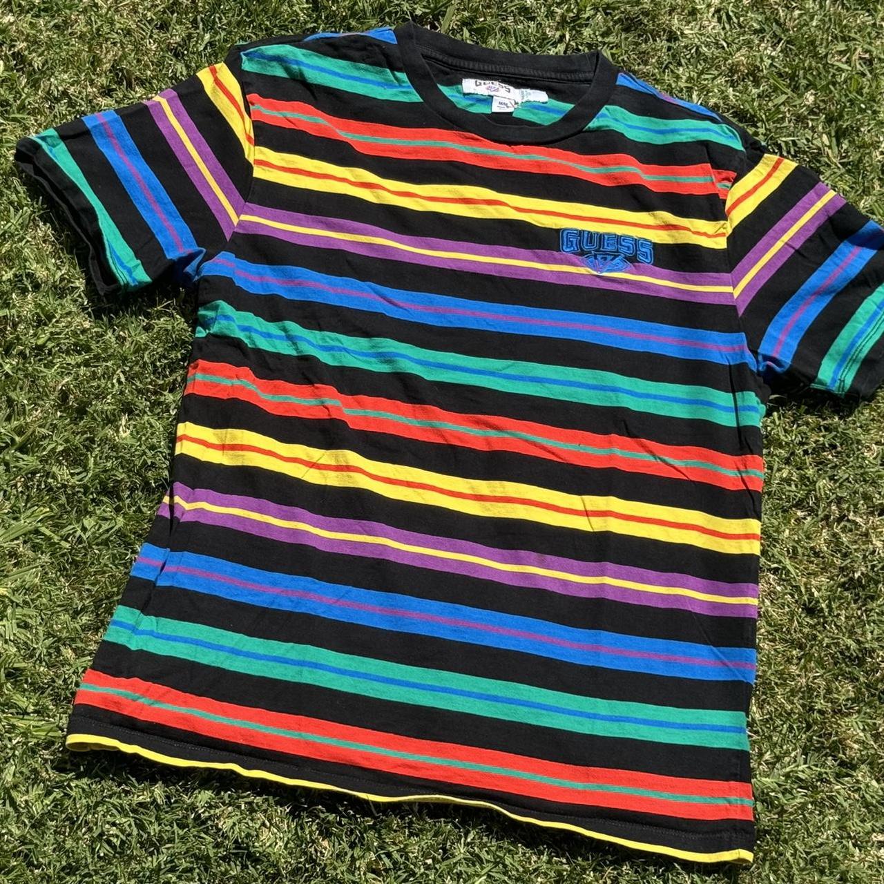 Guess rainbow striped t shirt multicoloured rainbow Depop