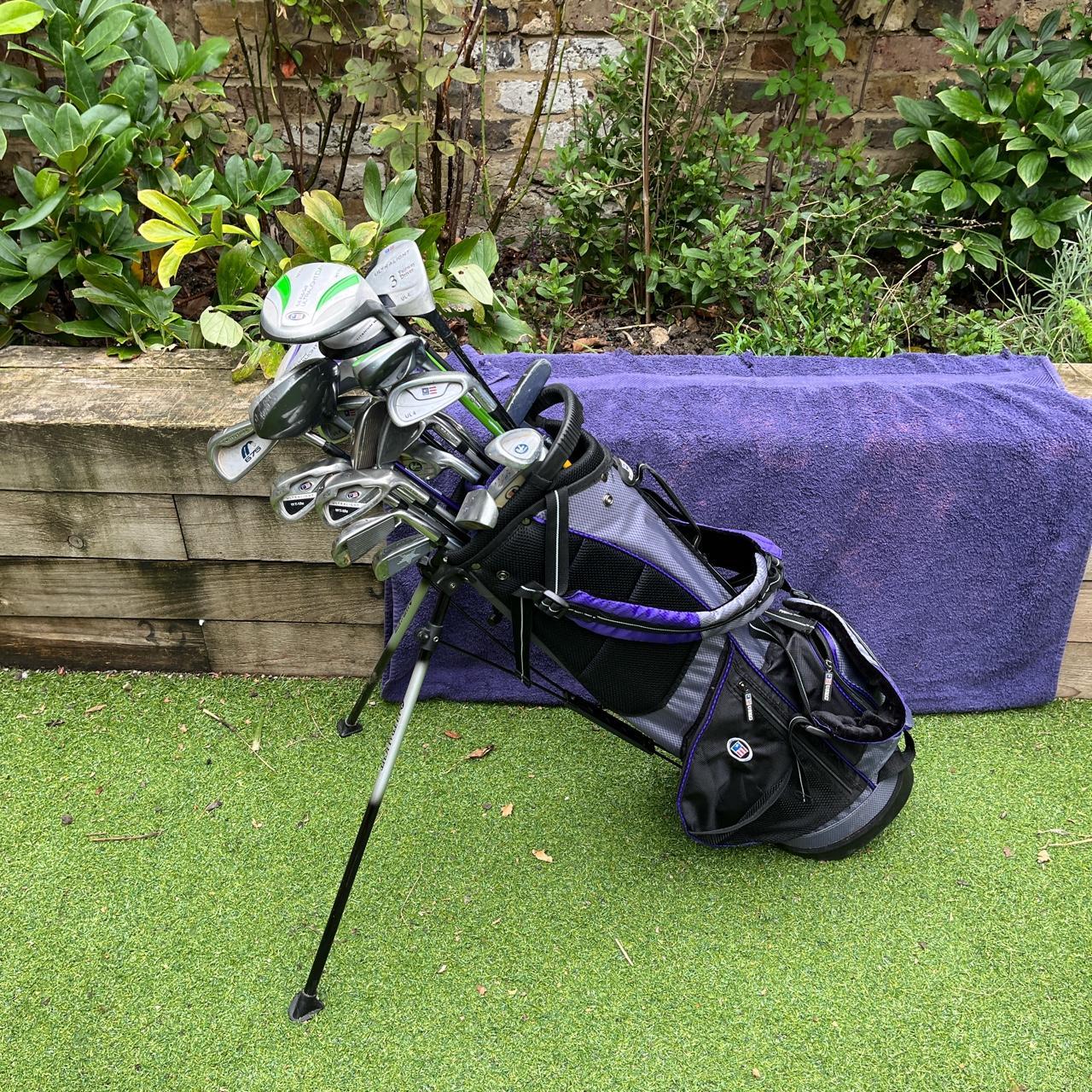 Assortment of us kids golf clubs and bag with cover depop