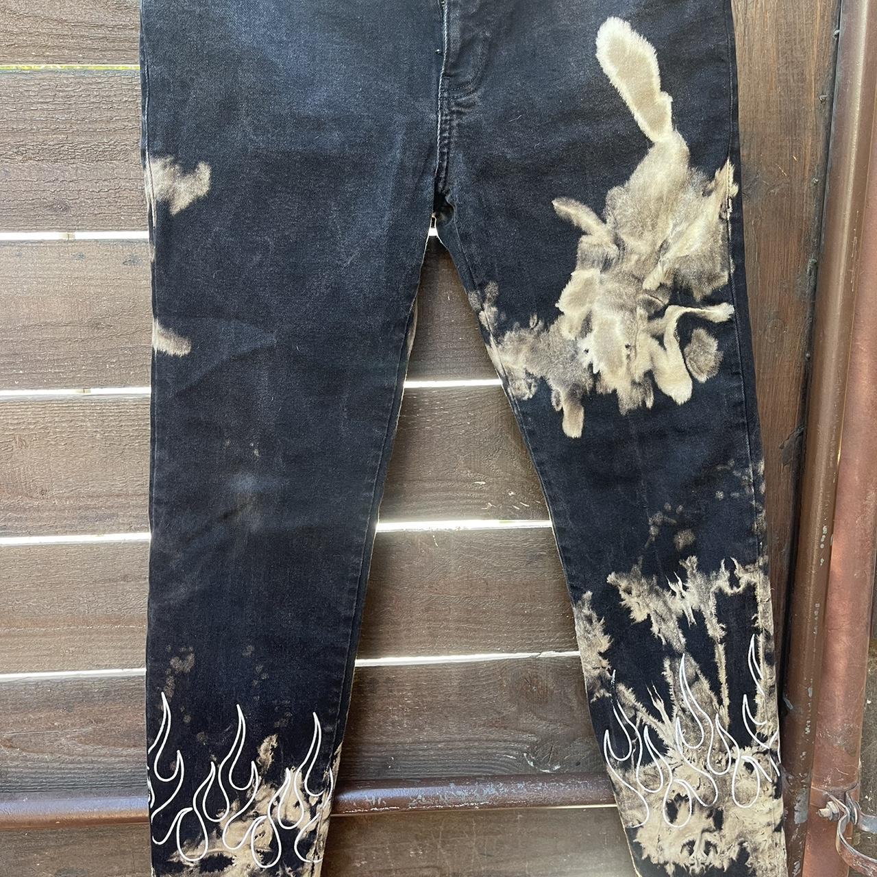 flame design black jeans, handmade bleach
