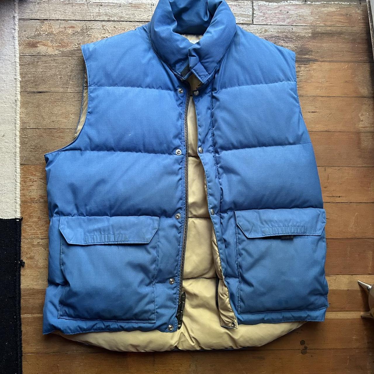 Vintage goose down puffer vest, blue & tan... - Depop