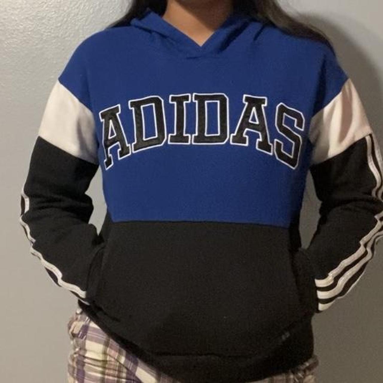 Adidas tri color blue black and white hoodie with. Depop