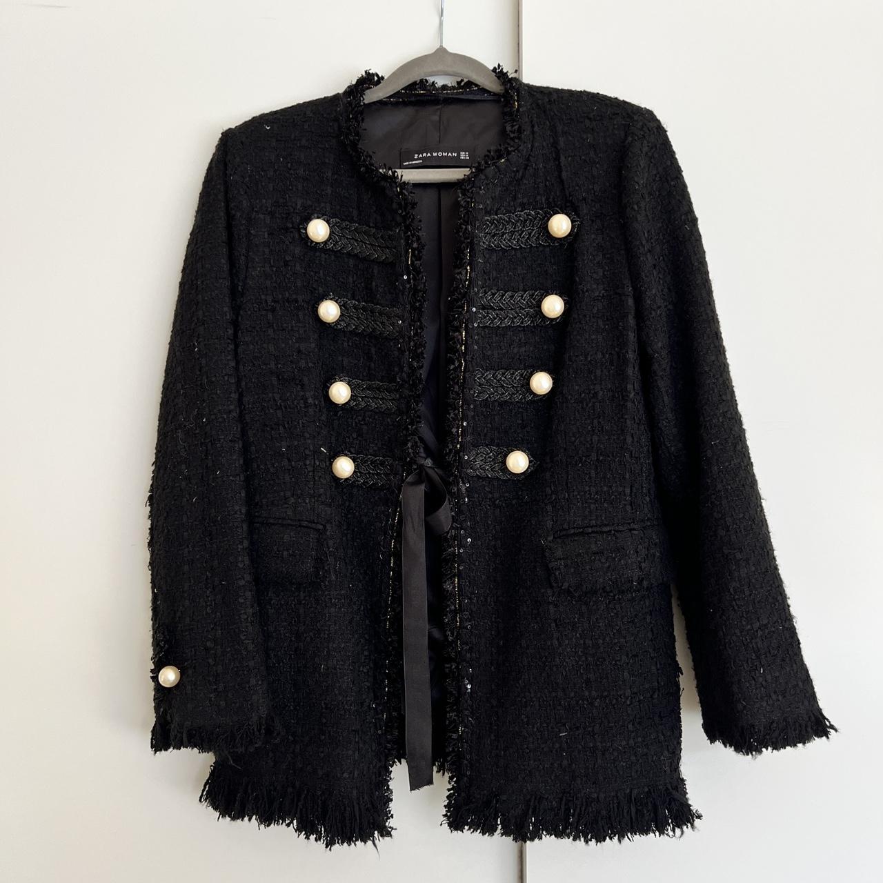 Zara Tweed Frayed Jacket With Pearl Buttons Military Structured popular Fringe Coat XS