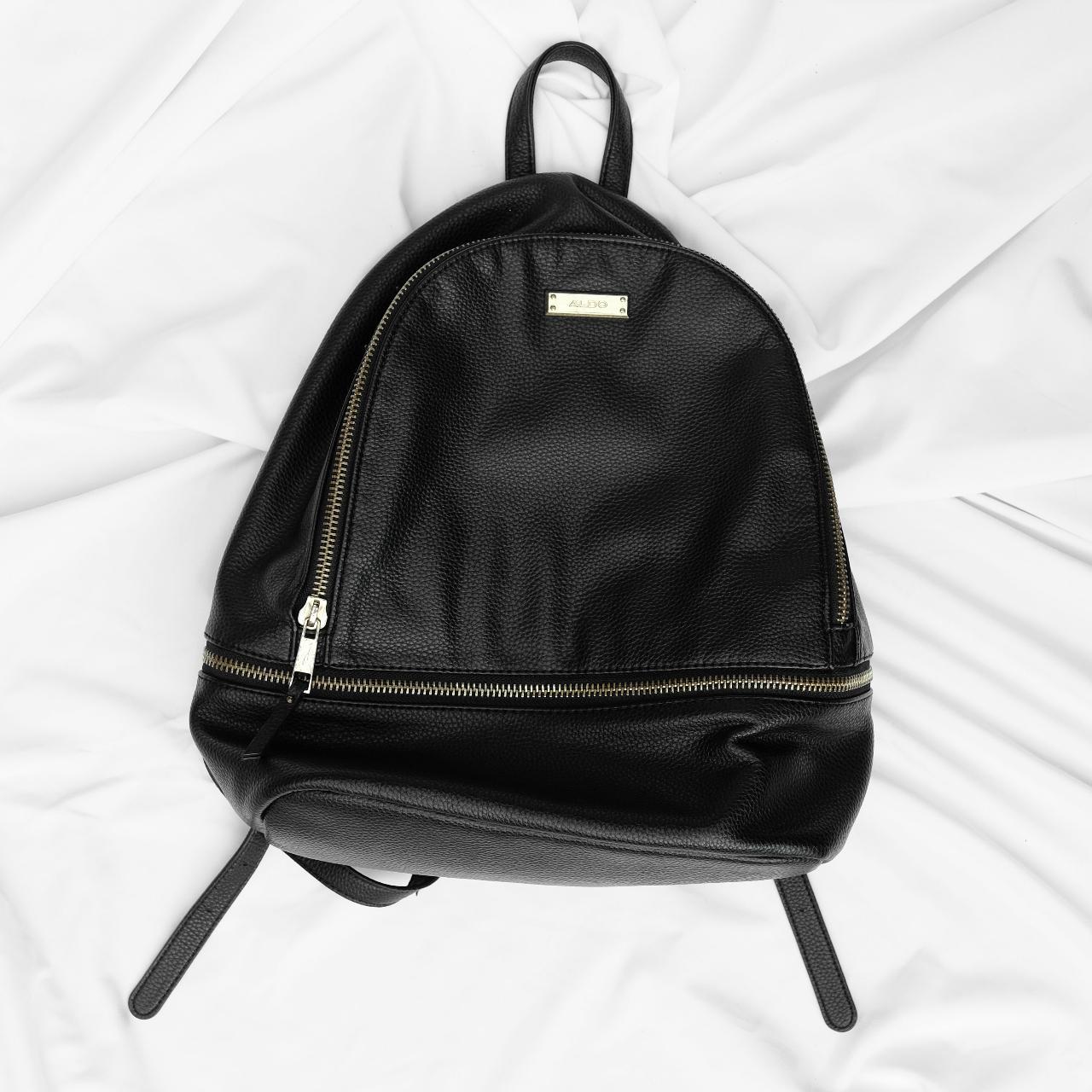 Large Black Faux Leather Backpack with Gold Details Depop