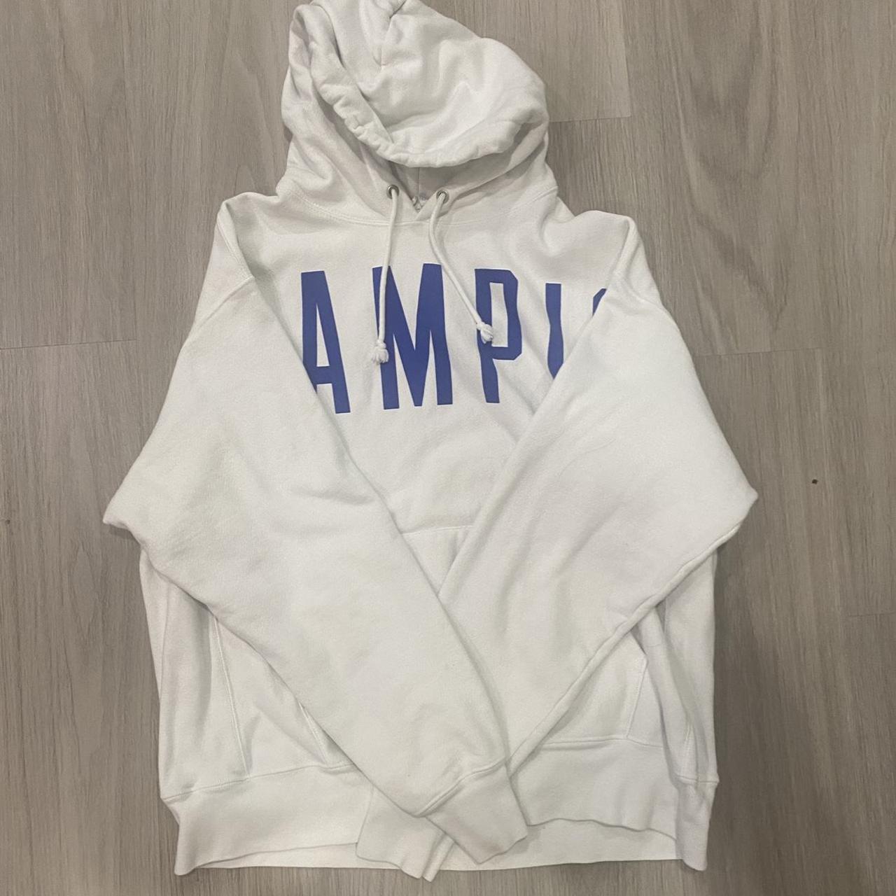 White champion hoodie discount with blue letters