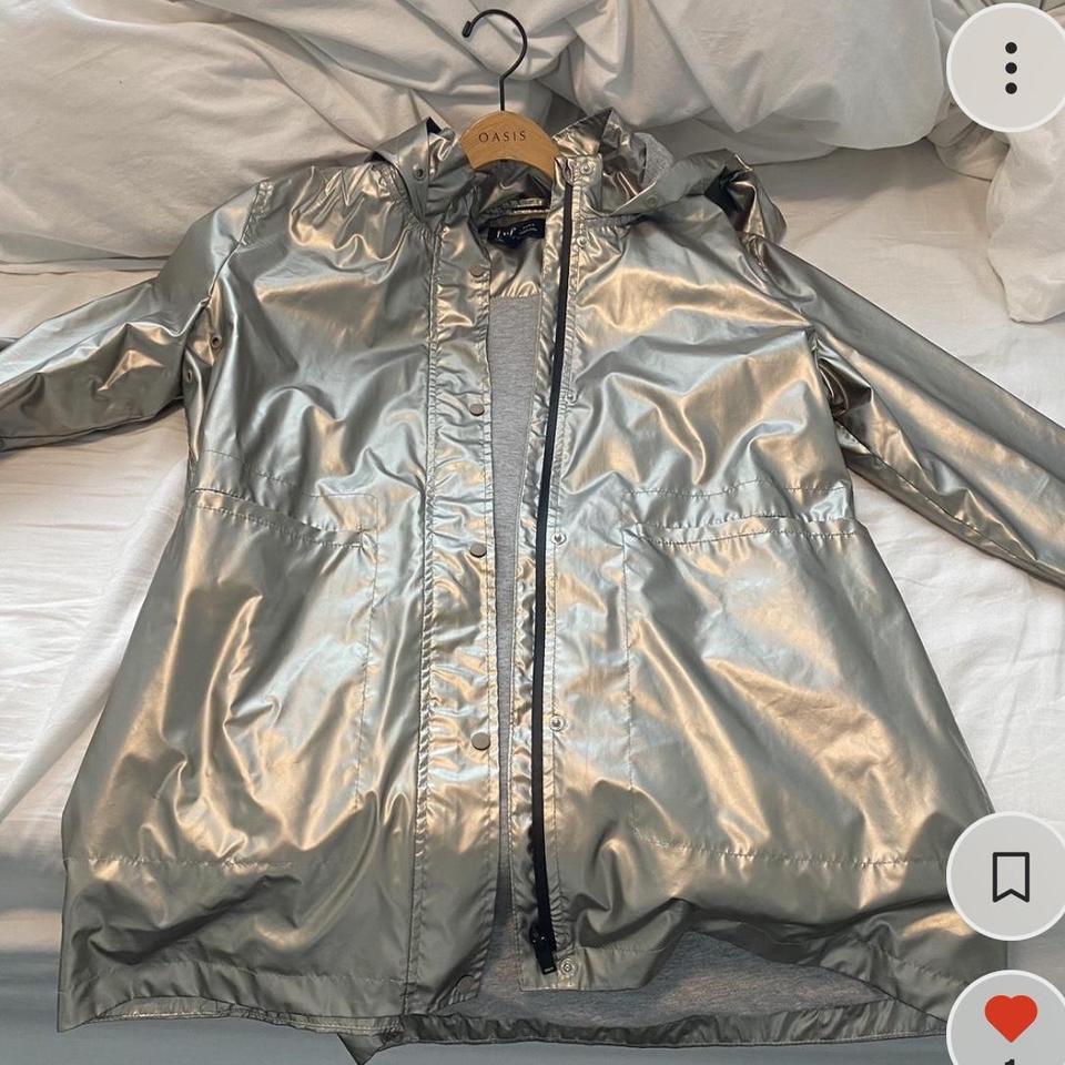 Metallic silver zara raincoat ( inside is a soft - Depop