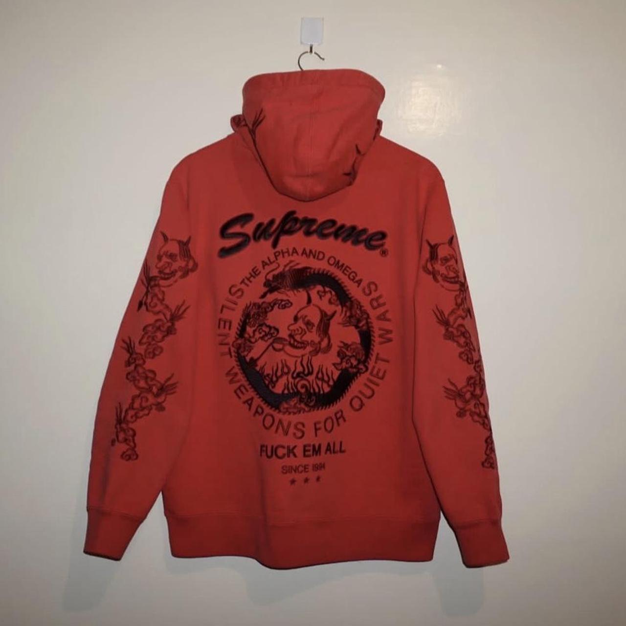 Red Supreme Vishnu Hoodie size medium Small tear on - Depop