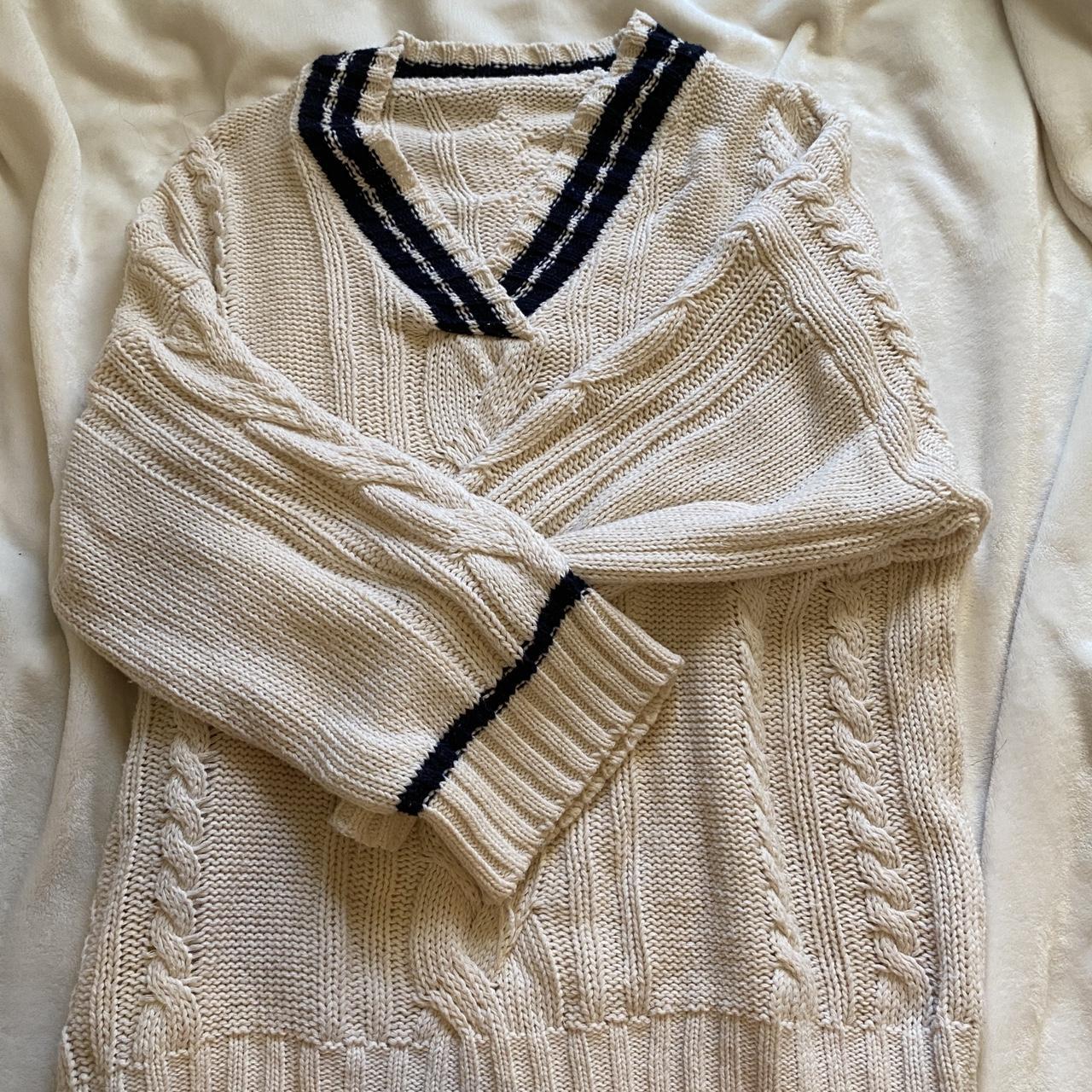 knit oversized contrast v-neck sweater: only worn... - Depop