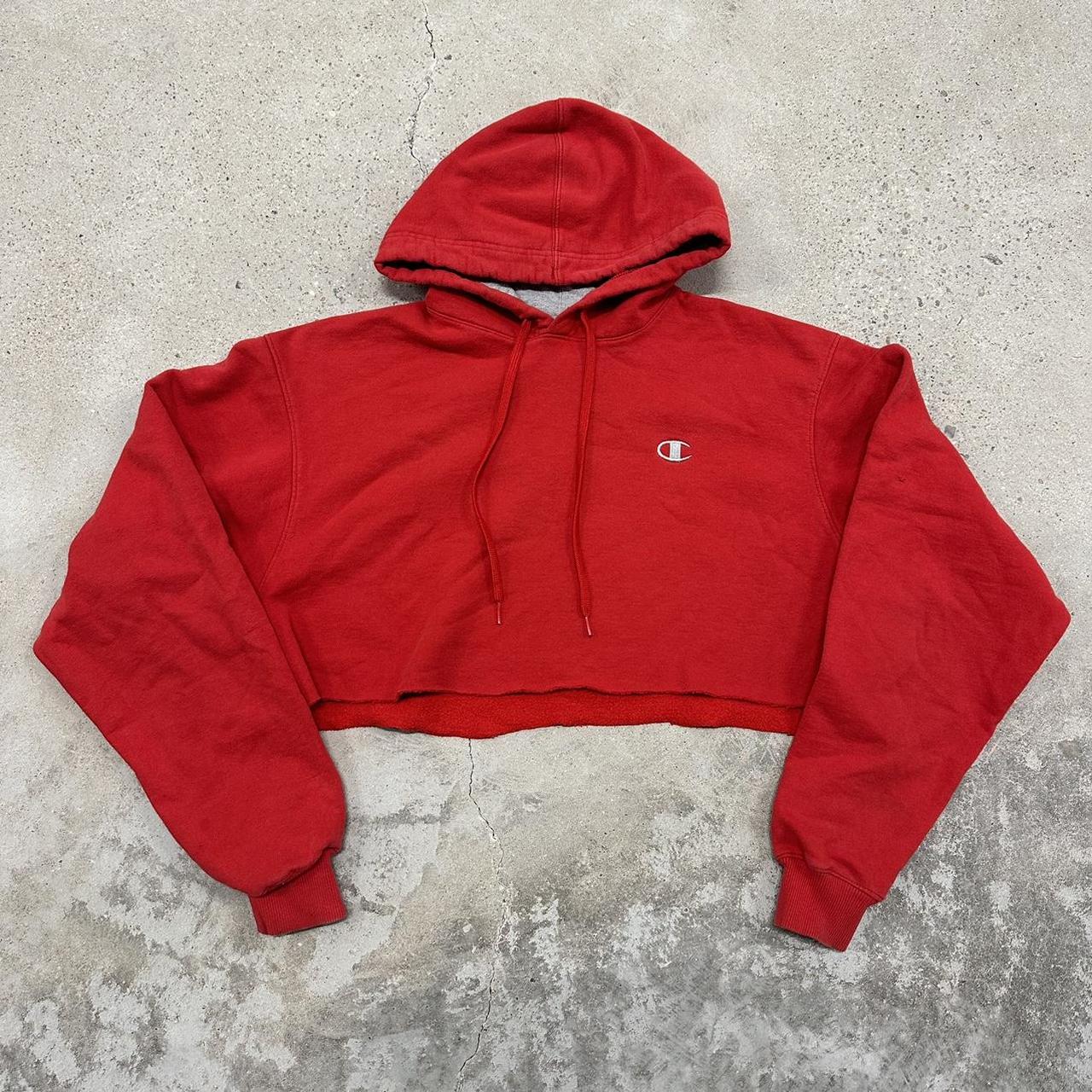 Red Champion Cropped Hoodie Size Large Cropped... - Depop