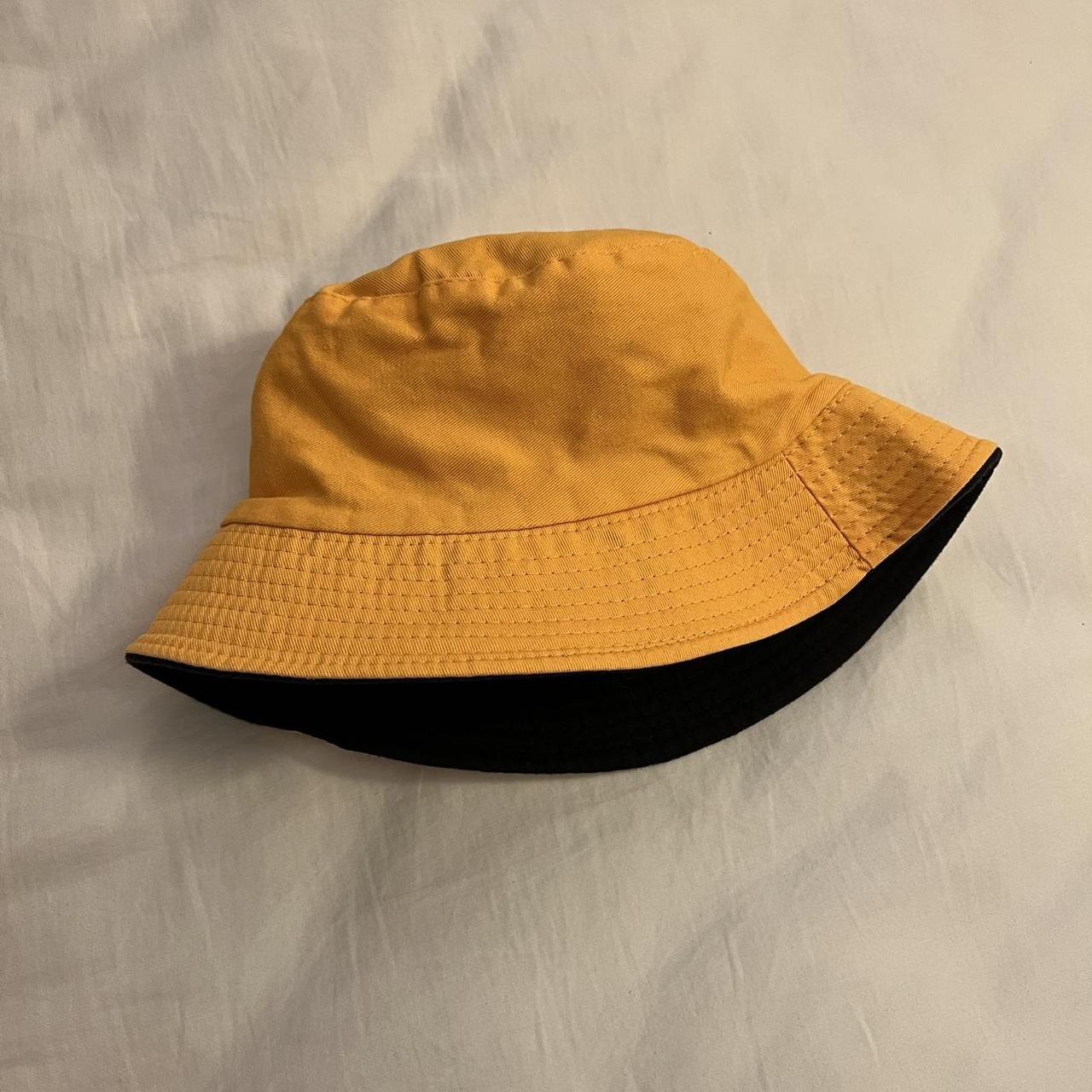 reversible black and mustard yellow bucket hat for a... Depop