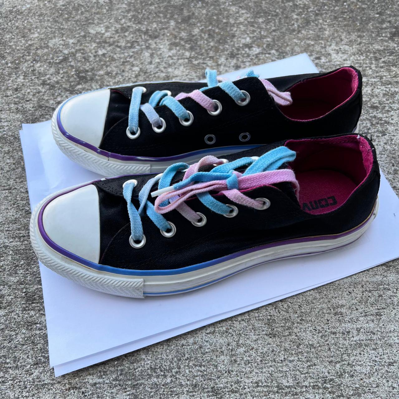 black converse low tops with subtle pink / blue... - Depop