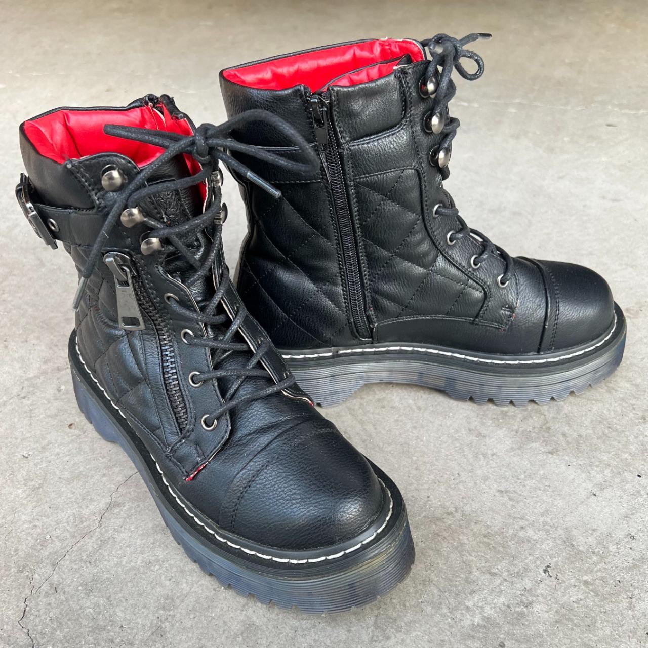 black and red lace up quilted combat boots with