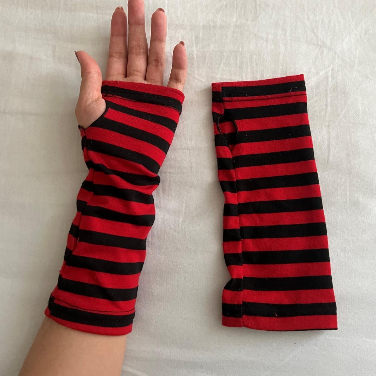 black and red fingerless gloves /arm warmers with… - Depop