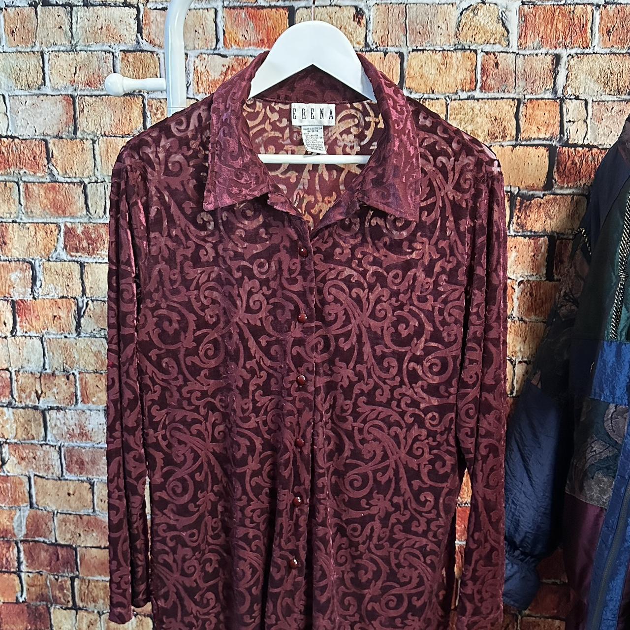 BURGUNDY MESH VELVET BUTTON UP BLOUSE MEASUREMENTS... | Depop