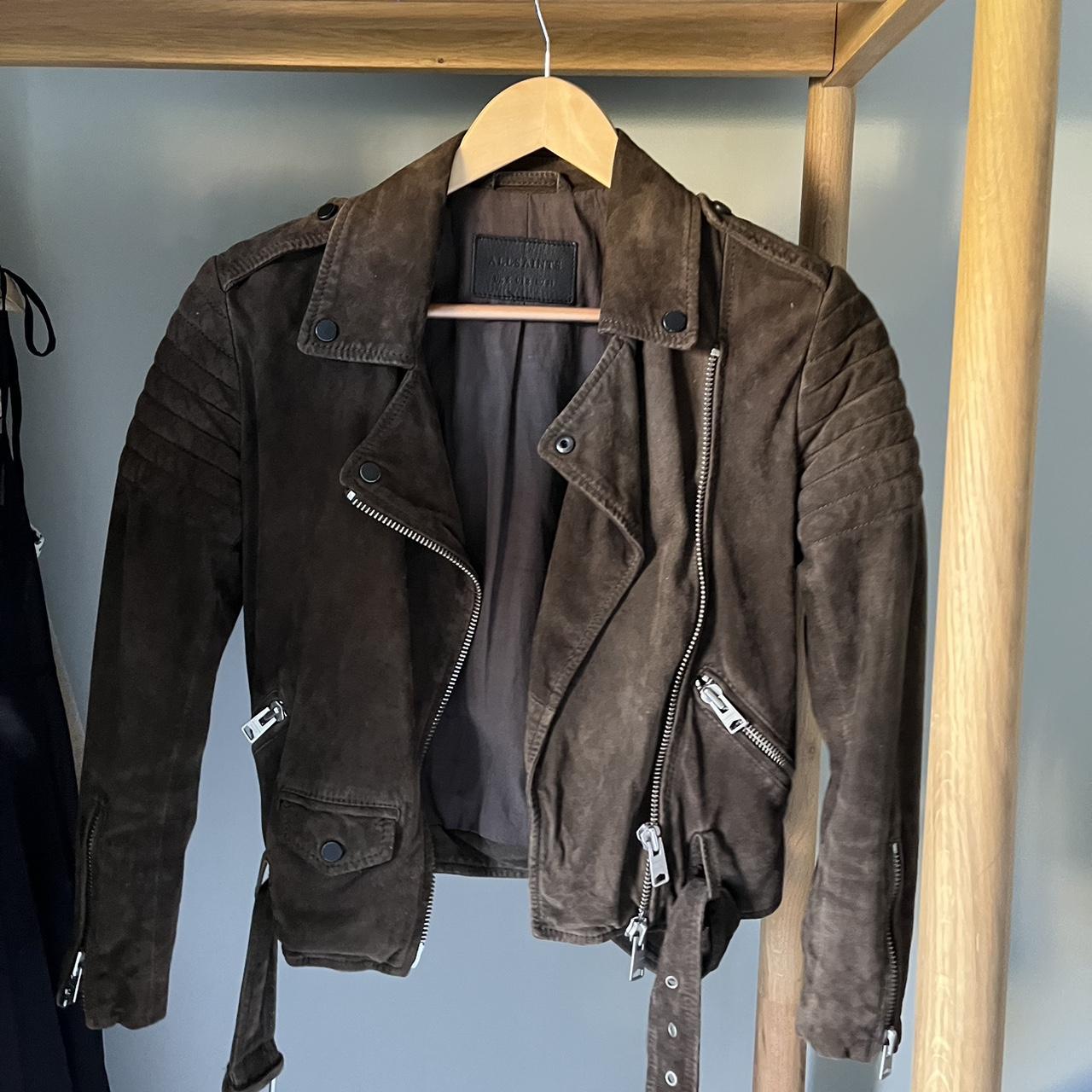 All Saints brown suede leather biker jacket. Size... - Depop