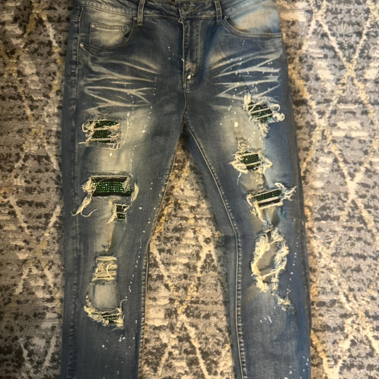 Amiri Jeans Green Rhinestones And White Paint Depop