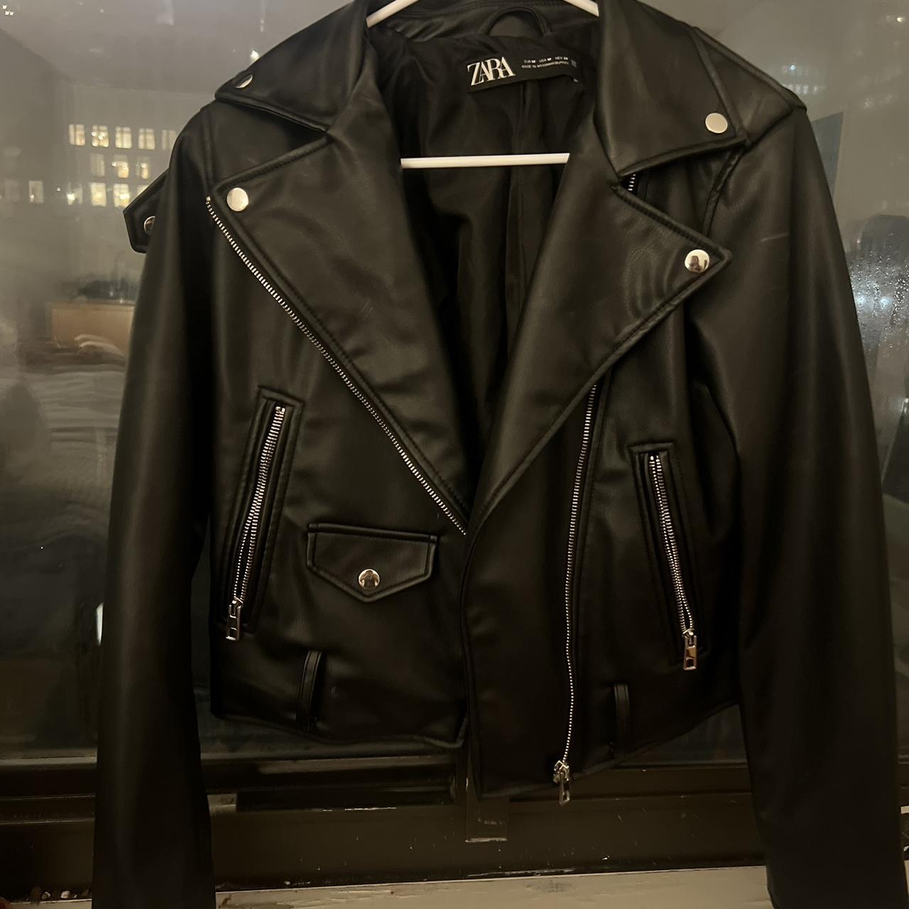 Zara leather jacket with silver detailing. - Depop