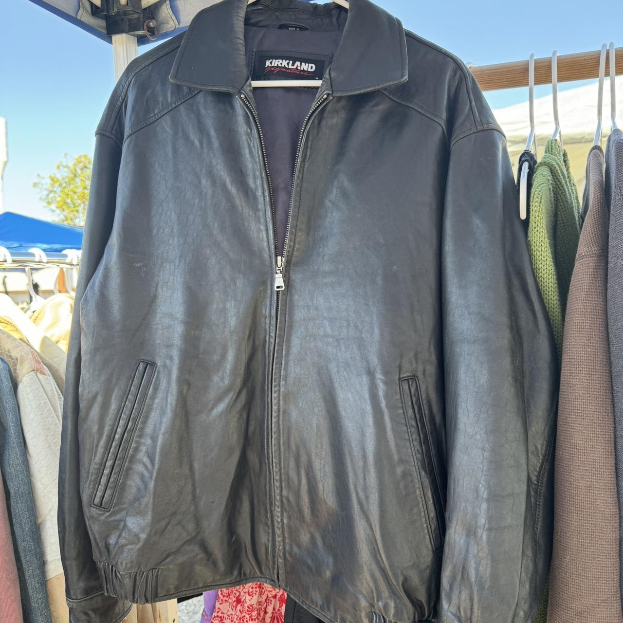 retro kirkland signature leather jacket! has a hole... Depop