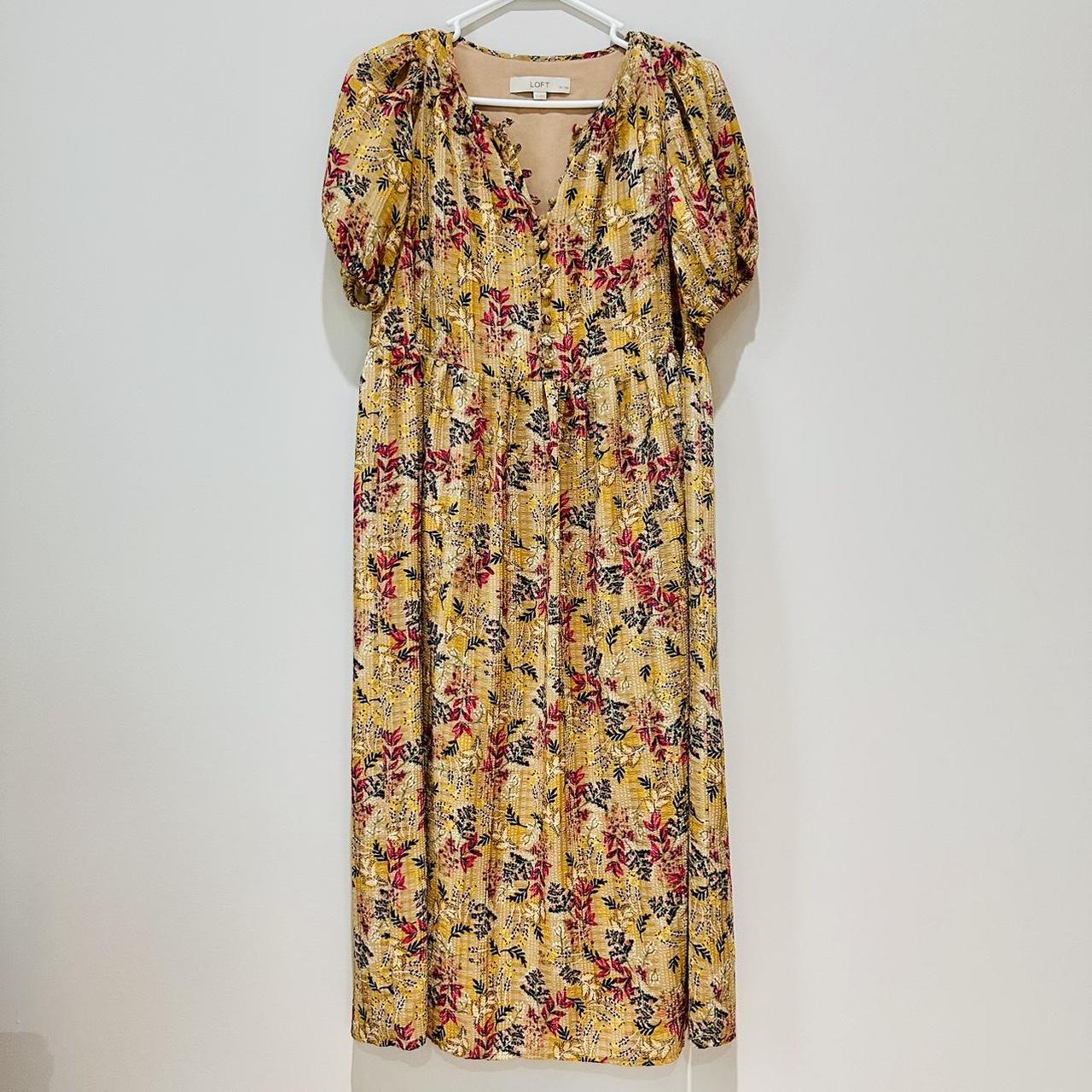 LOFT Floral Midi Dress, Tan/ Brown, Size