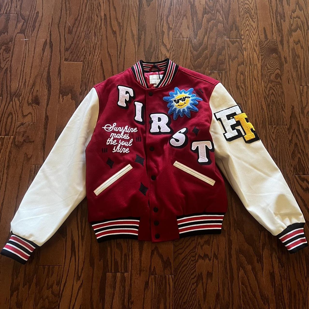 Large red First Row Varsity Jacket “Sunshine... - Depop