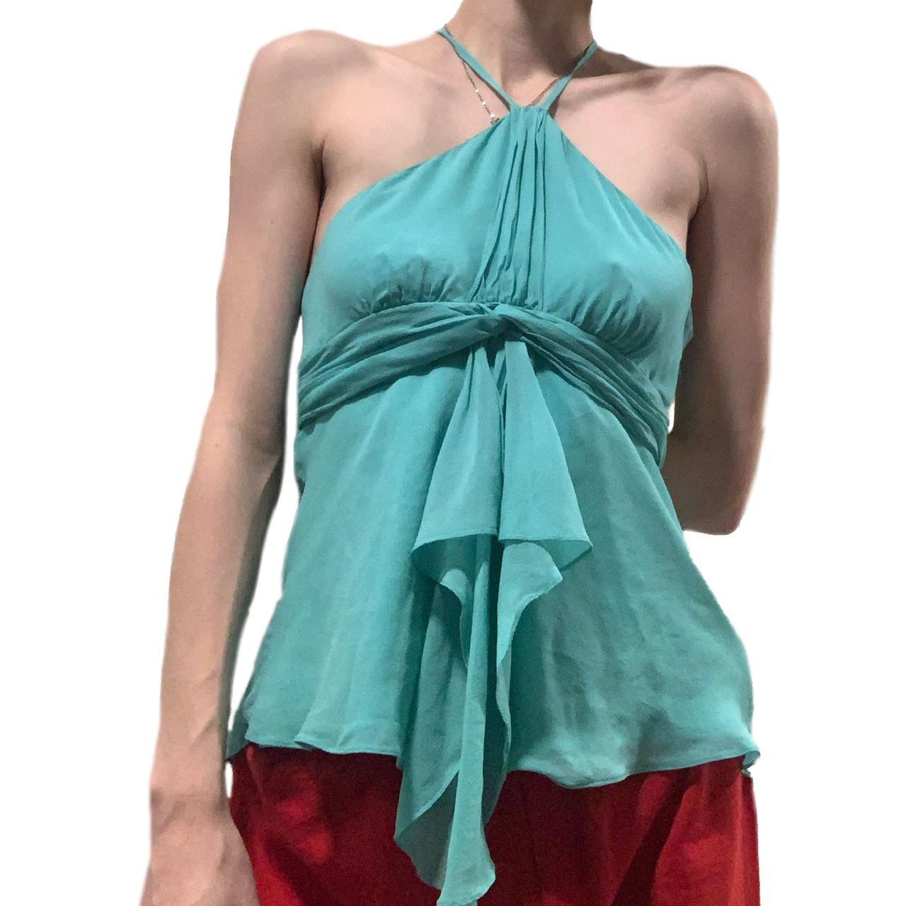 bright blue high neck halter top with fabric draping... - Depop