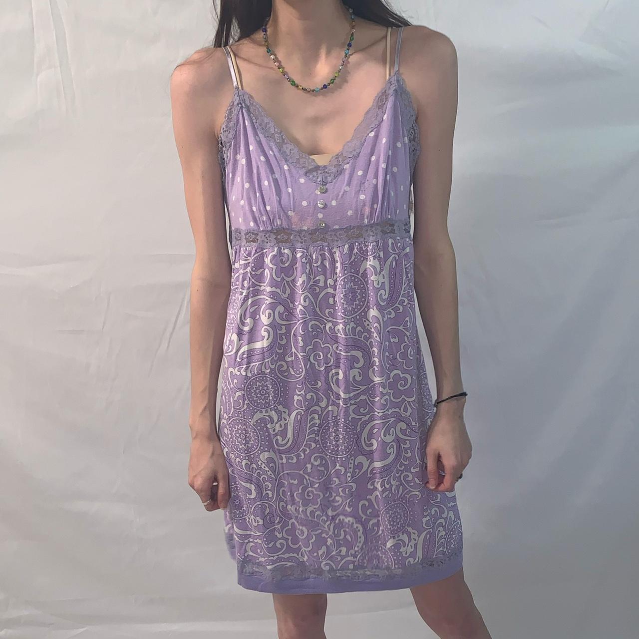 purple slip dress with floral pattern and dotted... Depop