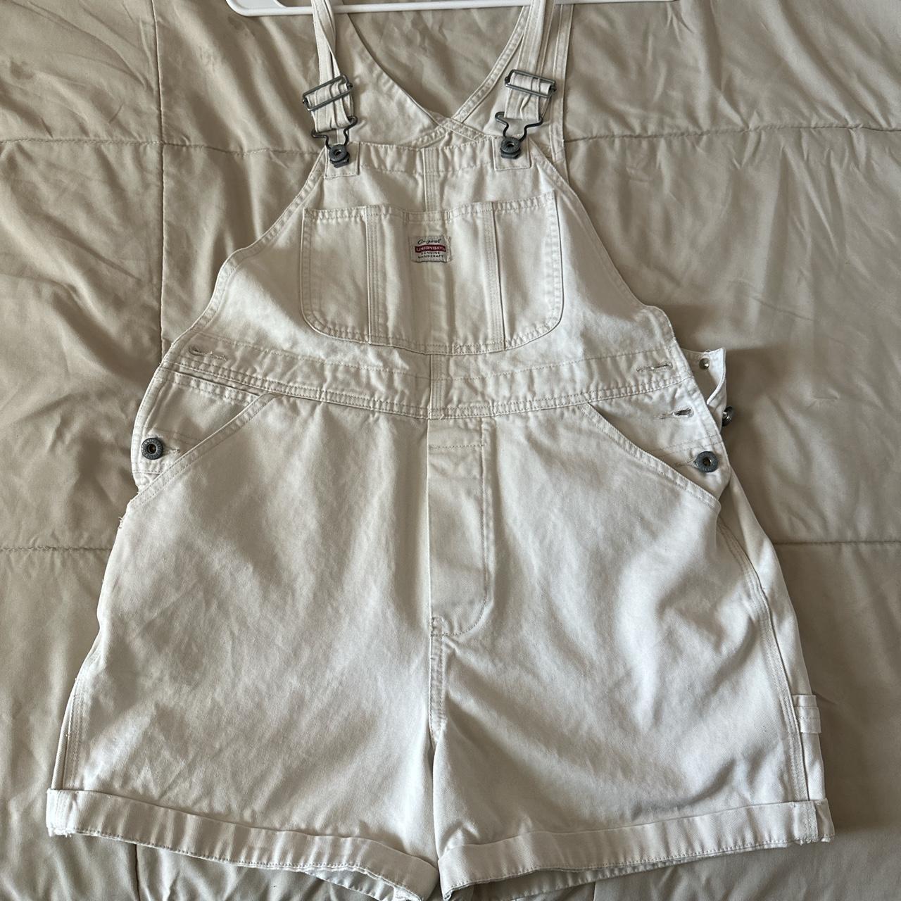 Women’s short overalls in cream - Depop