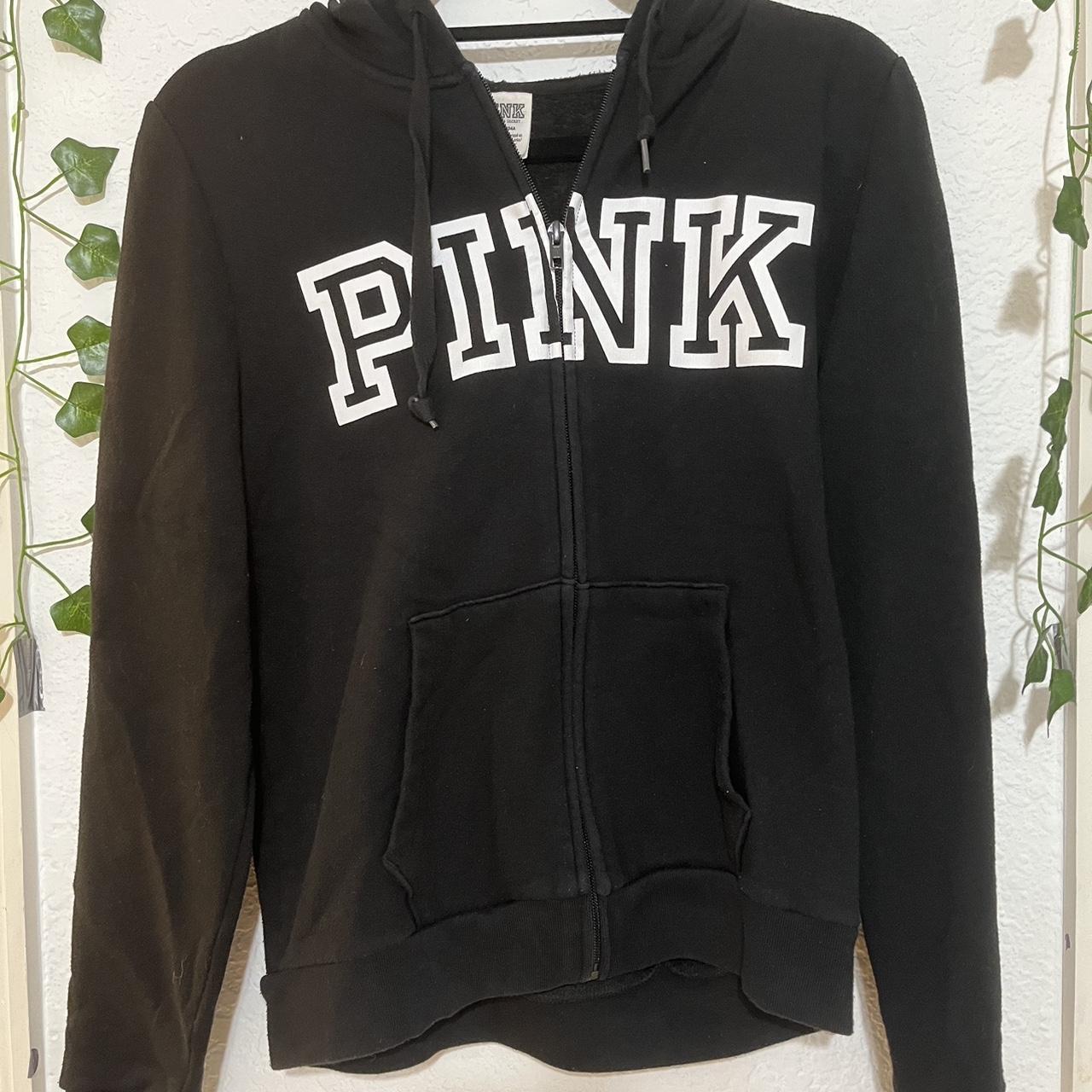 black pink victoria secret zip up jacket is a large... - Depop