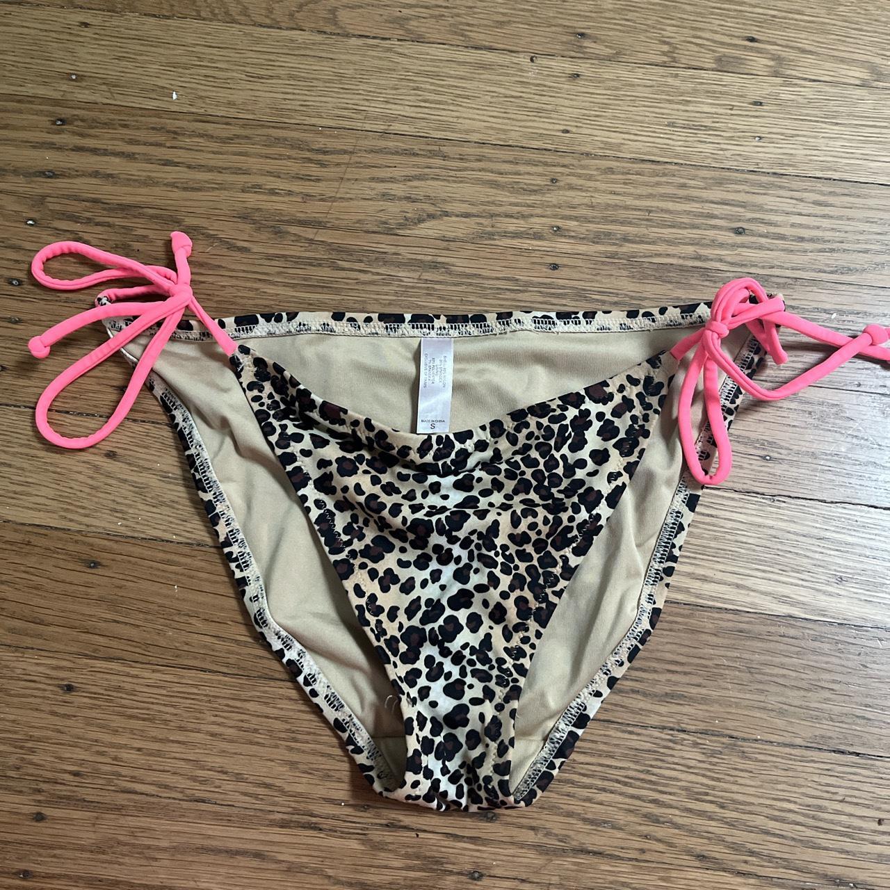 Leopard print bikini bottom with pink ties size... - Depop