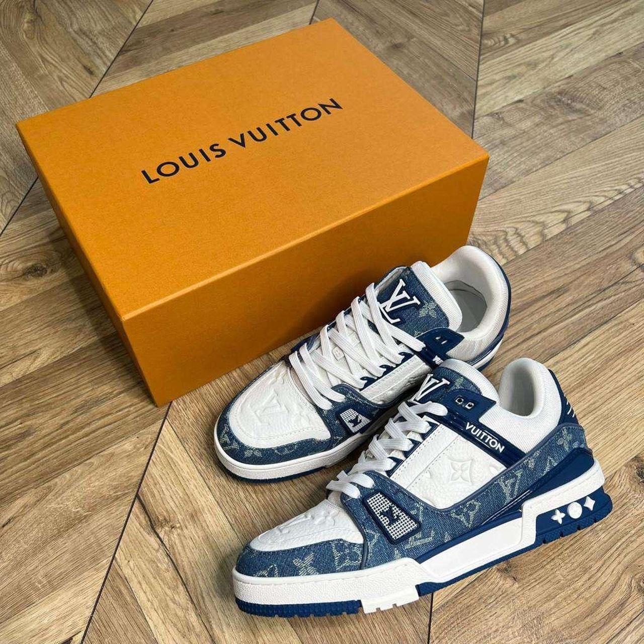 White and blue Louis Vuitton monogram trainers Free... Depop