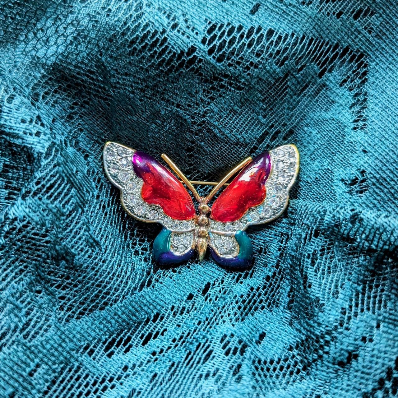 2 Vintage Butterfly Pins with Rhinestones Red - Depop