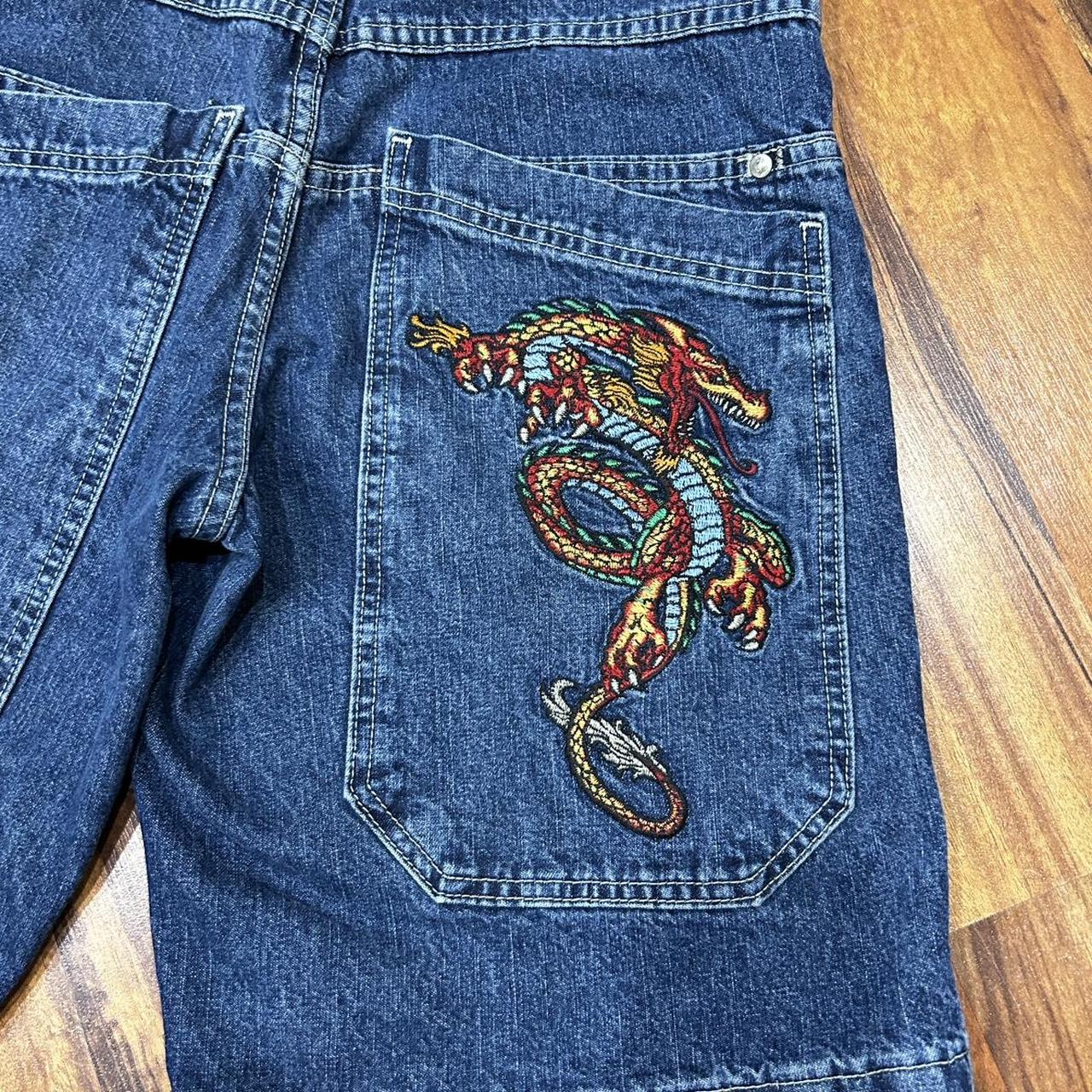 JNCO Jeans Rare Dragon tribal embroidered Jorts Ed... - Depop