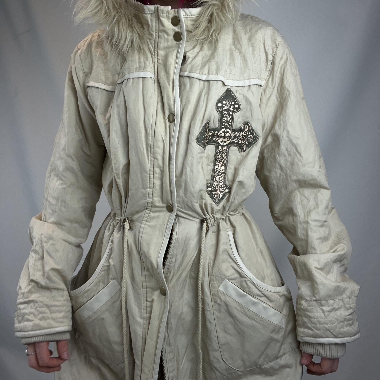 Cream parka jacket longline hooded coat with fur... Depop