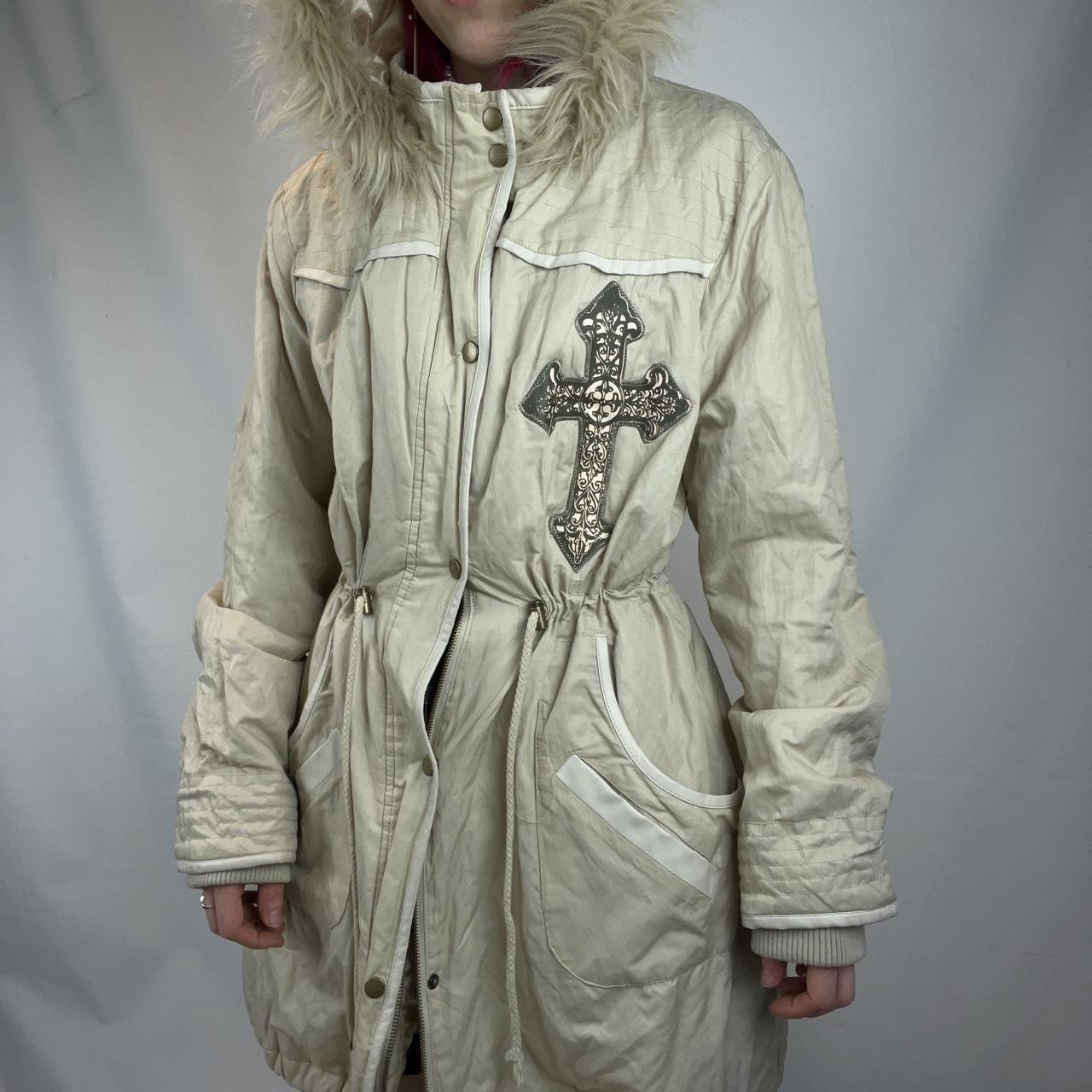 Cream parka jacket longline hooded coat with fur... Depop