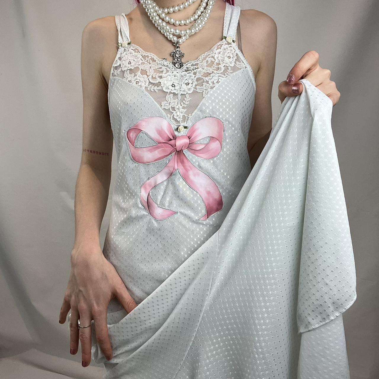 White ruffled maxi slip dress with pink ribbon... - Depop