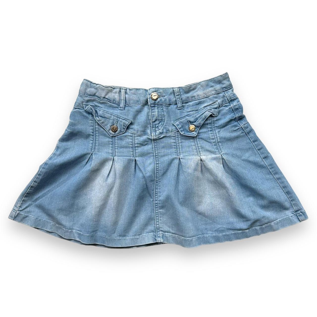 mini ruffle denim skirt • waist: 30” length 16”... - Depop