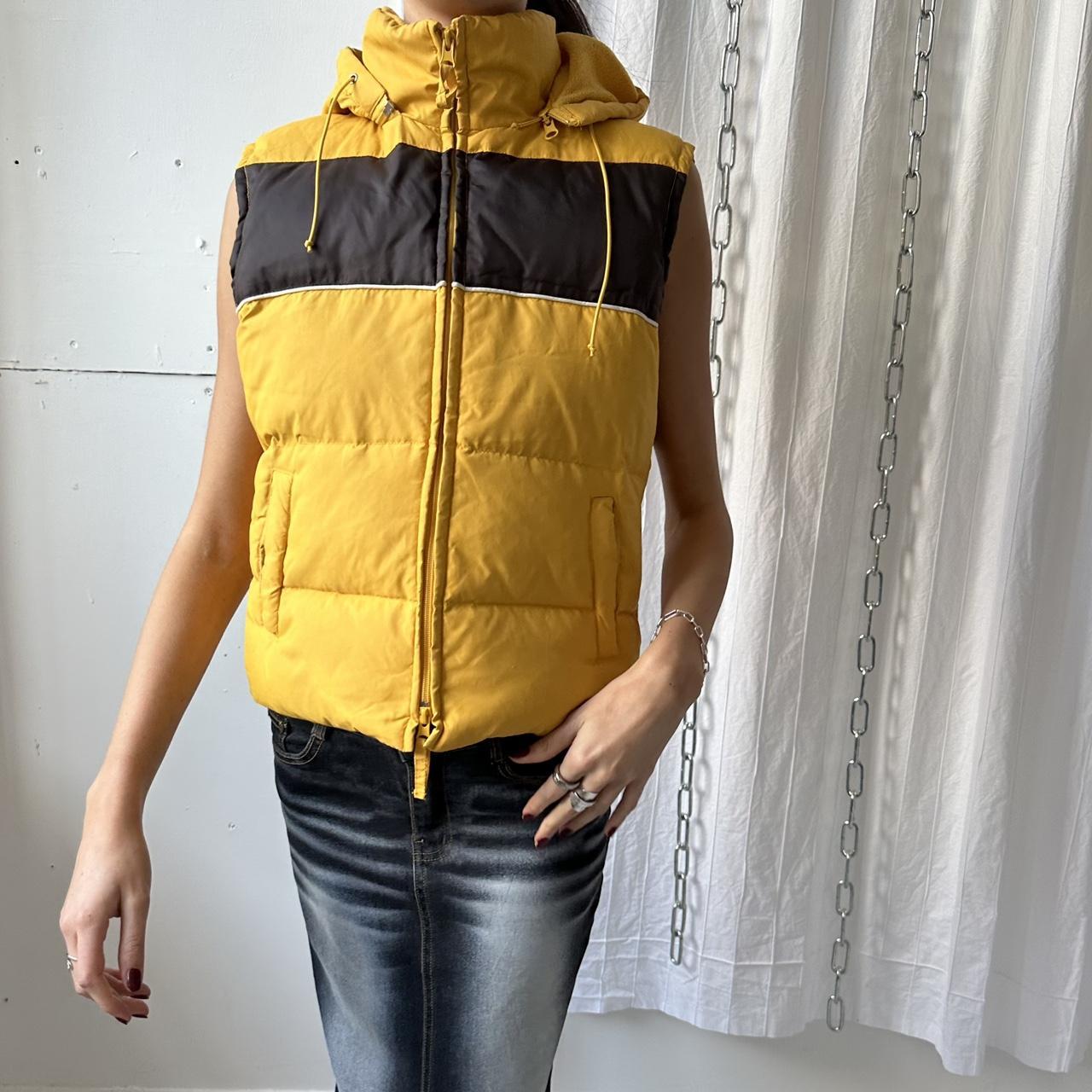 00s y2k yellow puffer vest with stripe, dual zip and... Depop